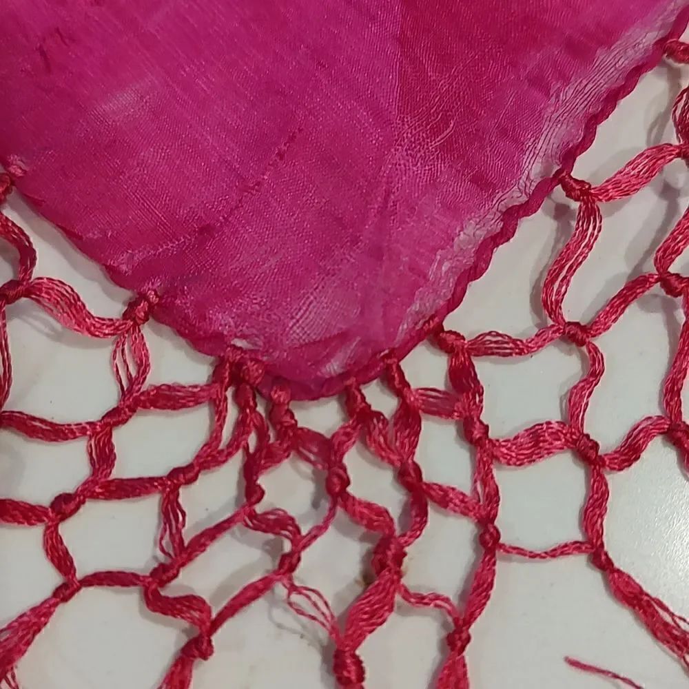 Raw Silk Square Fringed Deep Pink Scarf - Picture 4 of 6